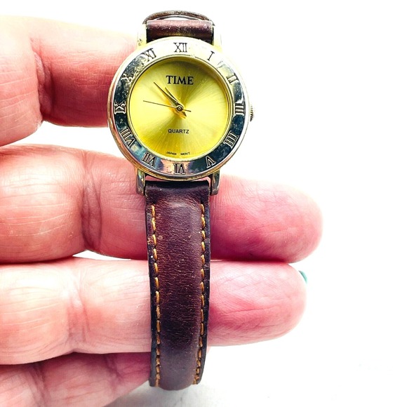 The Unbranded Brand Accessories - TIME Quartz Wristwatch Brown Faux Leather Band Gold Tone Workwear Career Classic